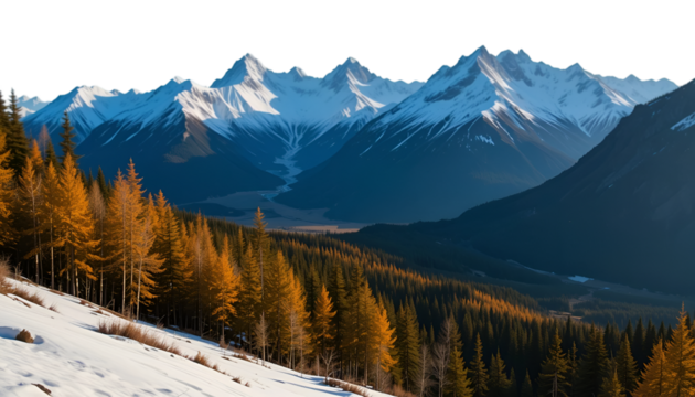 Snowy mountain peaks and golden trees create a scenic winter landscape view with a river valley isolated on transparent background