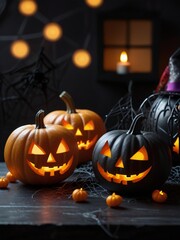 Spooky halloween jack o lanterns with candles and webs