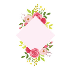 Maroon Red Rose Floral Frame with Green Leaves and Delicate Wildflowers