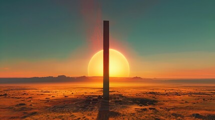 A monolith stands tall against a dramatic sunset in a vast landscape