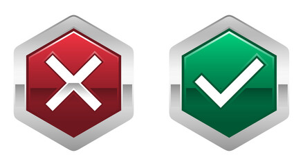 hexagon shape Right or wrong icons. Green tick and red cross checkmarks. Yes or no symbol, approved or rejected icon for user interface. stock illustration