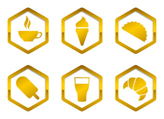 Set hexagon shape gold food and beverages icon. Vector stock illustration