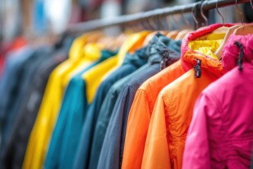 Bright colorful winter jackets arranged on display for shoppers in a vibrant outdoor market during a sunny winter day