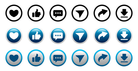 Circle shape Thumb up, share, like, comment, heart, repost icons, download, isolated, vector social media icons. Buttons of social notification. Vector illustration stock illustration