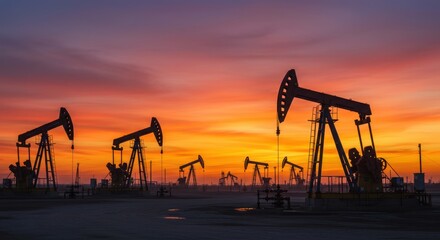 Oil pump jacks silhouette against colorful sunset sky; industrial landscape.