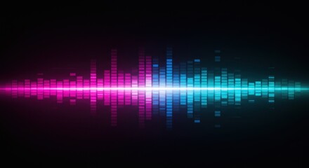 Abstract image of sound waves with pink and blue colors on black background.