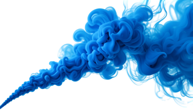 A vibrant blue ink cloud swirls, creating a dynamic abstract design with fluid, flowing movement isolated on transparent background