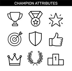Set of champion attributes outline icons with trophy cup, winner medal, target arrow, laurel wreath, and podium