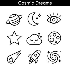 Set of cosmic dreams outline icons with planet, crescent moon, cosmic eye, star, sleeping cloud, moon, meteor, rocket, and galaxy spiral