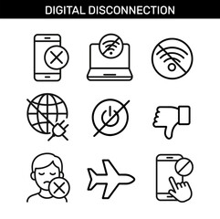 Set of digital disconnection outline icons with no wifi, airplane mode, offline globe, power off, blocked smartphone, and stop communication symbol