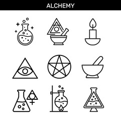Set of alchemy outline icons with potion flask, magic symbols, pentagram, mortar and pestle, candle, eye triangle