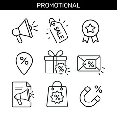 Set of promotional outline icons with sale tag, megaphone, discount gift box, email offer, shopping bag, and percentage symbol