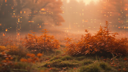 Futuristic forest emerging from fog with glowing rectangles at sunrise
