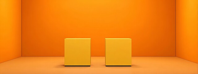 Minimalist orange background with two simple cube pedestals for product display, 3D rendering, minimalism, high resolution, copy space