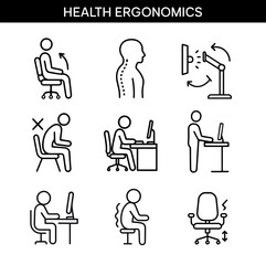 Set of health ergonomics outline icons with proper sitting posture, adjustable monitor, spine health, standing desk, office chair, and ergonomic workspace