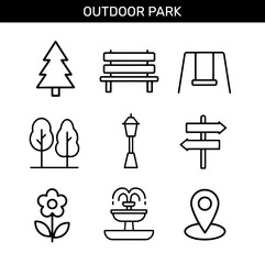 Set of outdoor park outline icons with trees, bench, swing, fountain, flower, and signpost