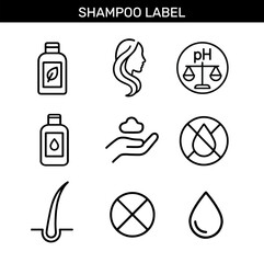 Set of shampoo labels outline icons. Hair care symbols, moisturizing drop, pH balance, sulfate-free, paraben-free, oil-free, silicone-free, hair strand, hydration,  dermatologically tested