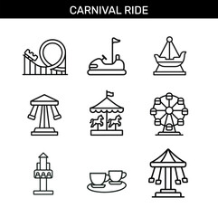 Set of carnival ride outline icons with roller coaster, bumper car, carousel, ferris wheel, swing ride, pirate ship, drop tower, teacup ride