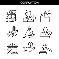 Set of corruption outline icons with bribe money, politician with dollar sign, ballot box, anti-bribery hand, money bag, corrupt speaker, forbidden government building, donation hand, judge gavel