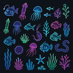 Neon Ocean Life Icon Sheet &ndash; Colorful Hand-Drawn Sea Creatures & Plants on Dark Background


