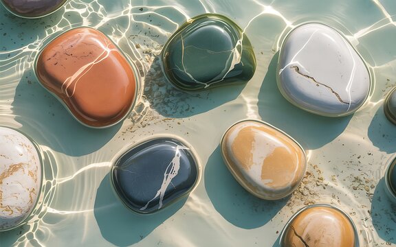 Smooth polished stones gently floating on the surface of clear rippling water creating calming natural patterns and textures in soft sunlight