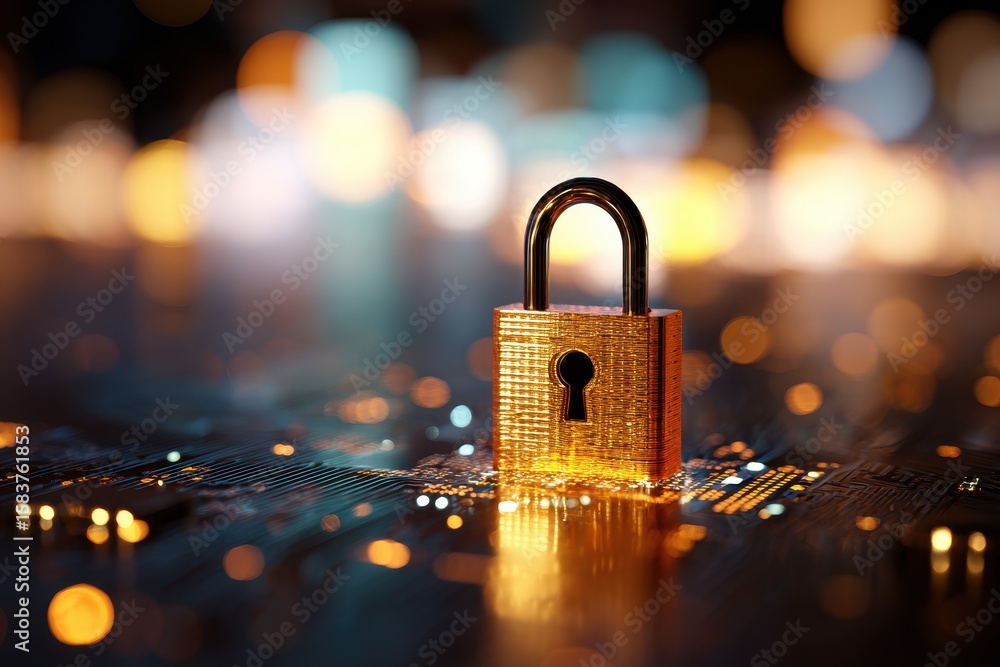 Poster golden padlock gleaming on circuit board with glowing lights showcasing security and technology them