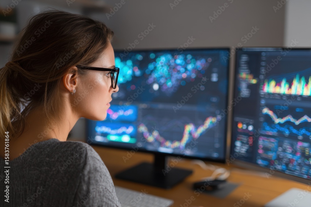 Poster woman analyzing business data on dual computer screens in a modern workspace during evening hours