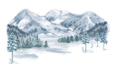 Obraz premium Winter landscape with snow covered mountains, misty fir forests and muted spruce trees watercolor isolated. Monochrome woodland scenery hand painted for Christmas background, winter designs packaging.