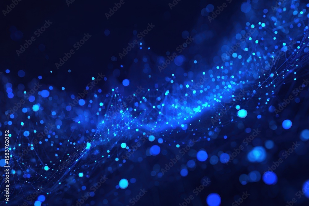 Poster hi-tech futuristic data visualization with blue glowing particles and networks in a dark environment