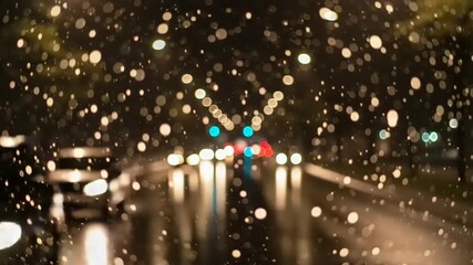 Night city street view through rain-streaked windshield - Powered by Adobe
