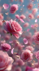 Roses roses flottantes et petales tombants sur fond bleute