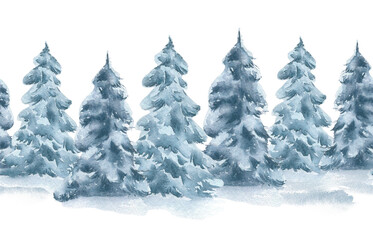 Seamless watercolor winter border with snowy Christmas trees in muted blues and greys isolated. Hand painted repeating pattern of snowy spruce for holiday packaging, textile festive designs.