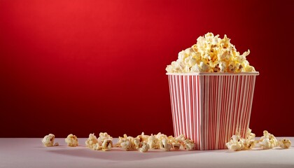 popcorn in striped container on red background studio shot eye level view still life for movie night snack