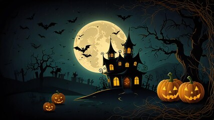 Spooky halloween night scene with haunted house