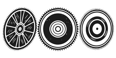 black and white abstract gear-edged circular designs with industrial and mechanical patterns isolated on white background.