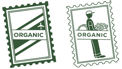 green and white organic stamp illustrations featuring diagonal stripes with an airplane and a farmer carrying produce isolated on white background.