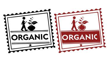 Obraz premium black and red organic stamp illustrations with a figure tending to a plant in a pot isolated on white background.