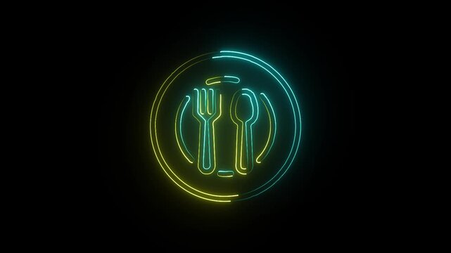 Neon Icon of Fork and Spoon Inside a Circle Representing Dining, Food, Culinary Arts, Meal Preparation, Restaurant Experience, and Hospitality Industry Services and Innovation.