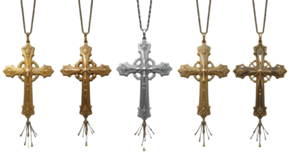 Ornate crosses on chains showcase intricate metalwork in gold and silver tones against transparency isolated on transparent background