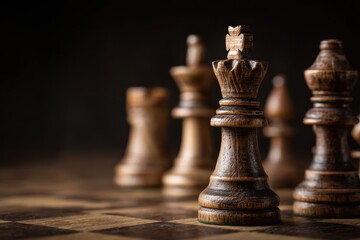Fototapeta premium Intricate wooden chess pieces poised on a classic board for an intense match between devoted players in a cozy setting