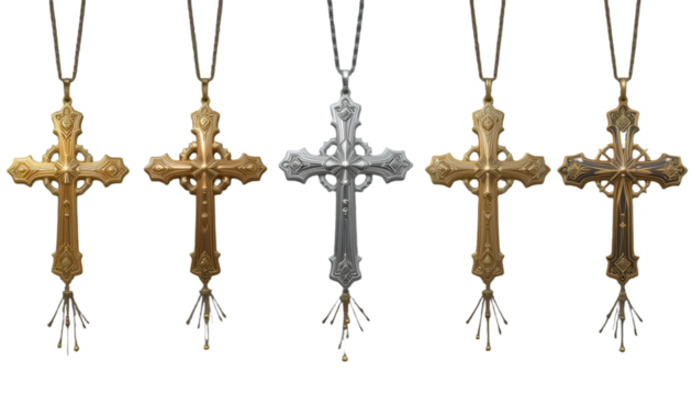 Ornate crosses on chains showcase intricate metalwork in gold and silver tones against transparency isolated on transparent background