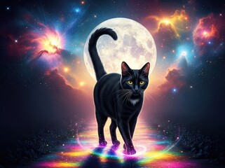 Under vivid moonlight, black cat steps quietly on vibrant swirling path in mystical dreamy world full of color