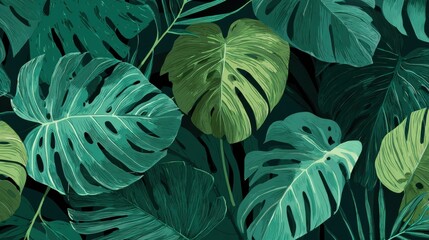 Fototapeta premium Abstract foliage and botanical background. Green tropical forest wallpaper of monstera leaves, palm leaf, branches in hand drawn pattern. Exotic plants background for banner, prints, decor, wall art.