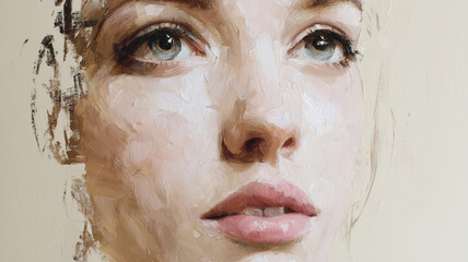 A modern portrait in restrained lighting, soft creamy whites and delicate skin tones dominate the canvas, subtle emotions in the eyes, smooth and elegant strokes laid out on a light beige background.