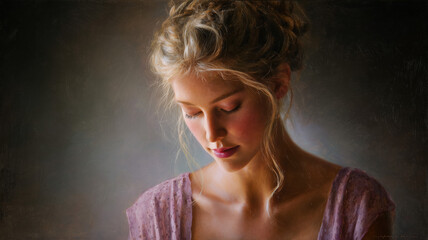 A serene oil-painted canvas portrait using a light, desaturated color palette--faded rose, dusty lavender, pale gold--with an ethereal, dreamy mood, soft lighting from one side casting gentle shadows,
