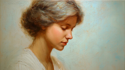 A soft oil painting portrait on canvas, featuring a calm and introspective expression, created with light pastel tones--creamy whites, soft peach, pale blue--gentle brushstrokes and smooth blending