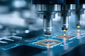 Precision fabrication process in semiconductor manufacturing with advanced machinery and intricate detailing in a cleanroom environment