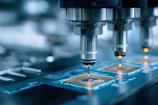 Precision fabrication process in semiconductor manufacturing with advanced machinery and intricate detailing in a cleanroom environment