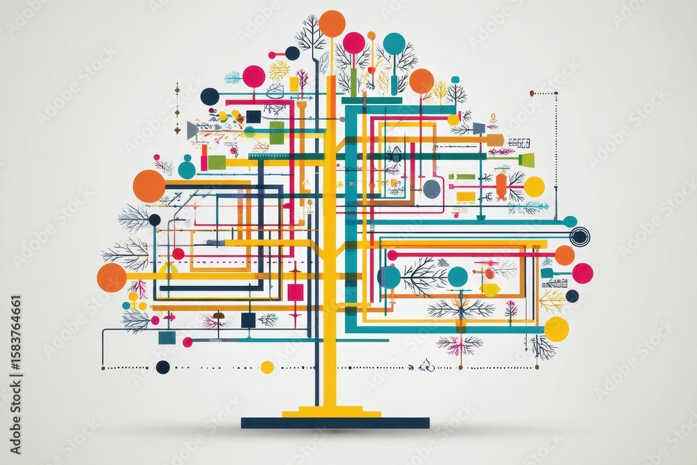 Poster visually appealing tree diagram showcasing interconnected branches of information with vibrant color