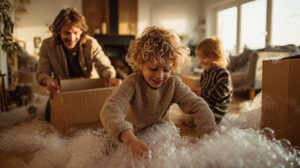 Parents lifting and unpacking boxes in a cozy, modern apartment while children play with bubble wrap on the floor, soft natural lighting and warm tones, showing the joyful chaos of moving day